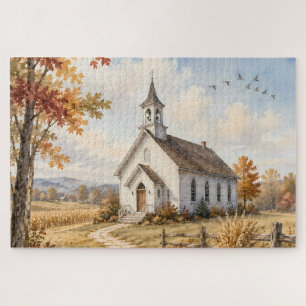 Puzzle Église de campagne automnale, paysage à l'aquarell