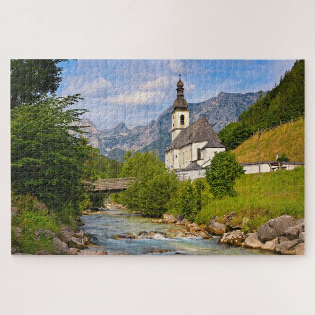 Puzzle Église de montagne avec paysage de ruisseaux (Horizontal)