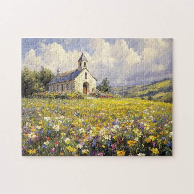 Puzzle Église Entourée De Peinture Fleur sauvage (Horizontal)