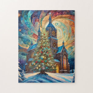 Puzzle Église et arbre de Noël dans un style moderne