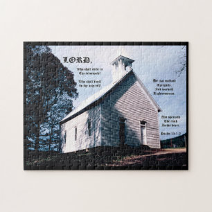Puzzle Église sur une colline avec Psaume 15:1-2