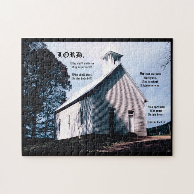 Puzzle Église sur une colline avec Psaume 15:1-2 (Horizontal)