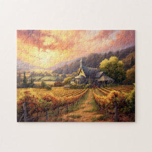 Puzzle Église vintage et vignoble au coucher du soleil