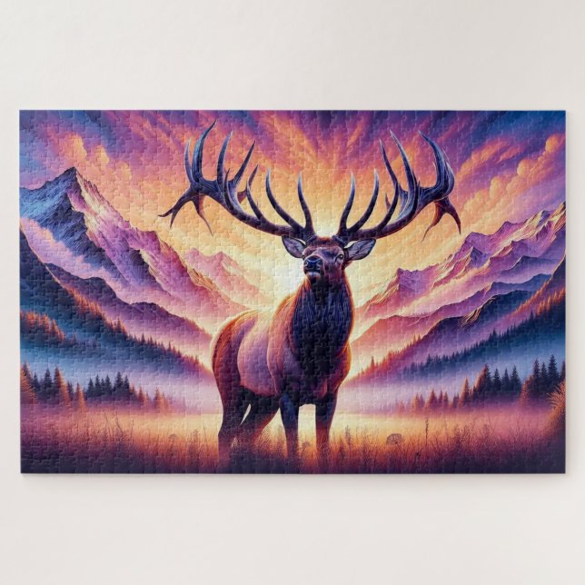 Puzzle Élan au lever du soleil, Montagnes, Faune (Horizontal)