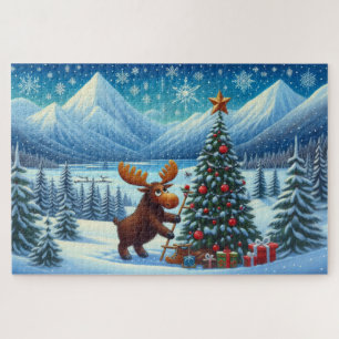 Puzzle Élan décorant un sapin de Noël dans les montagnes