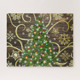 Puzzle Elegant Christmas Tree Barn Wood Gold Design