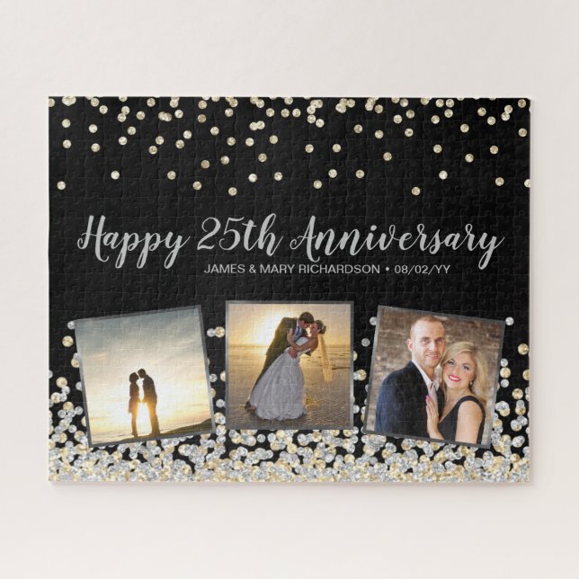 Puzzle Elégant Collage Photo Silver Gold 25e anniversaire (Horizontal)