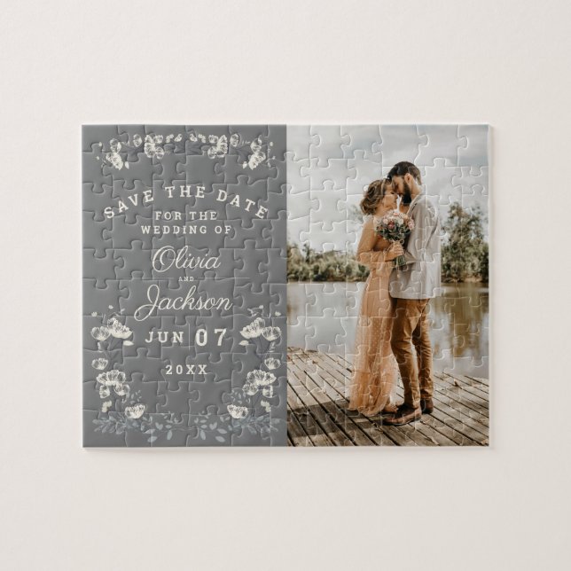 Puzzle Elegant dusty gray & white floral save the date (Horizontal)