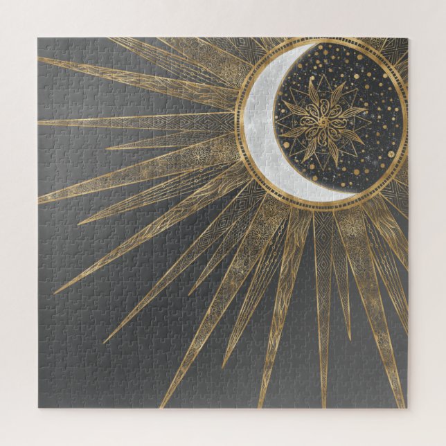 Puzzle Elegant Gold Doodles Sun Moon Mandala Design (Vertical)