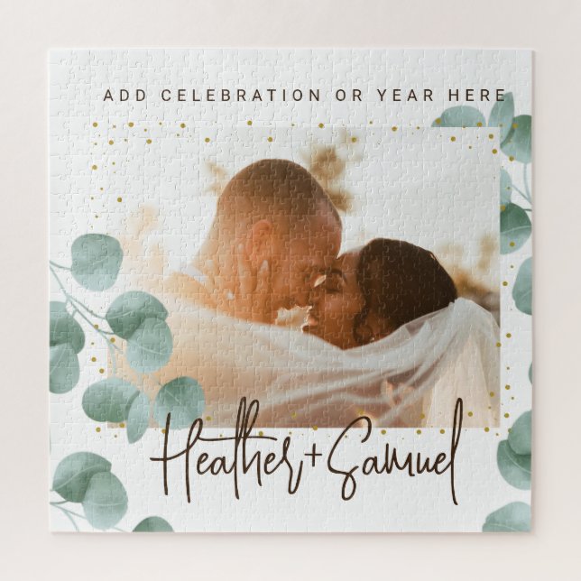 Puzzle Elegant Greenery Wedding Photo and Text (Vertical)