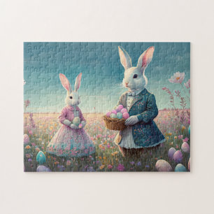 Puzzle Élégant lapin Vintage de Pâques cueillant des oeuf