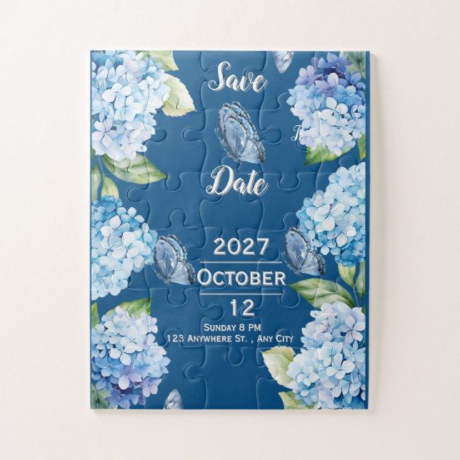 Puzzle Elégant mariage floral bleu Enregistrer la date Pu (Vertical)
