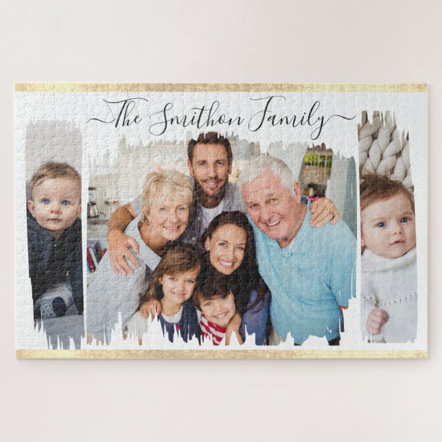 Puzzle Elegant Moderne Blanc & Or Ajouter Votre Famille D (Horizontal)