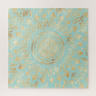Puzzle Elégant or Lumière Turquoise Mandala Floral