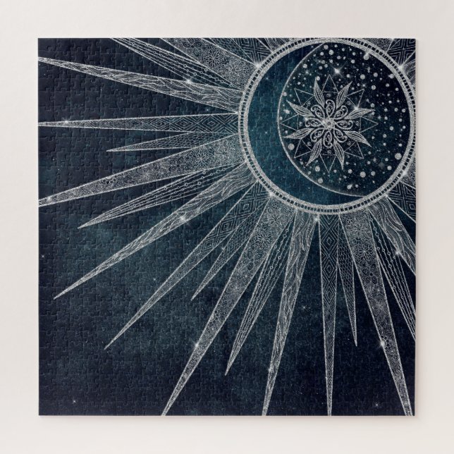 Puzzle Elégant Silver Sun Moon Doodle Mandala Blue Design (Vertical)
