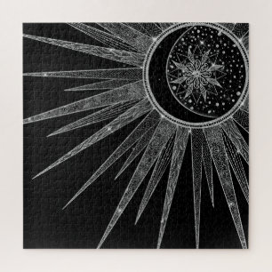 Puzzle Elégant Silver Sun Moon Mandala Black Design