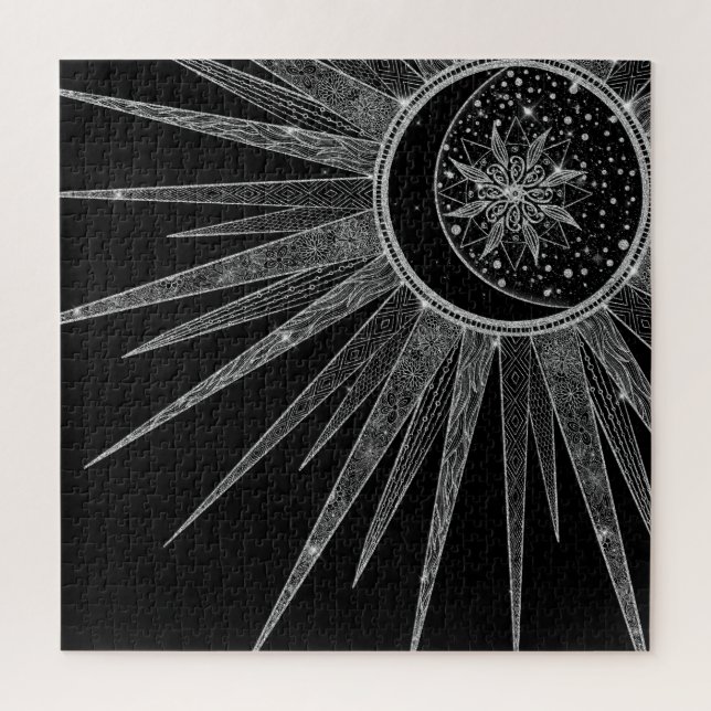 Puzzle Elégant Silver Sun Moon Mandala Black Design (Vertical)