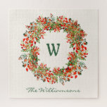 Puzzle Elégante aquarelle verte Wreath Monogramme personn<br><div class="desc">Ce puzzle élégant présente une belle couronne de verdure de Noël aux baies rouges et vertes. Personnalisez-le avec votre initiale et votre nom en écriture de script moderne. Super idée cadeau.</div>