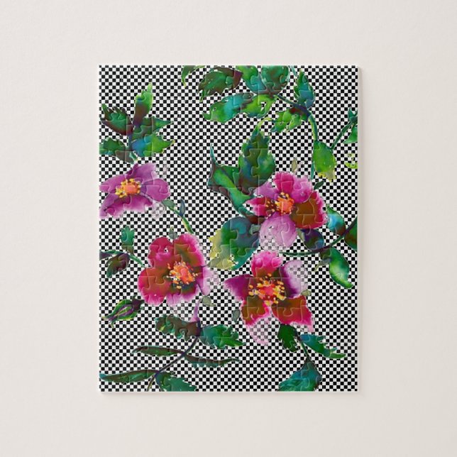 Puzzle Elégante couleur magenta rose fleurons rose (Vertical)