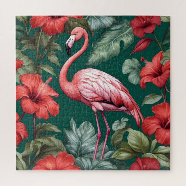 Puzzle Elégante Flamant rose Hibiscus Fleurs Emerald Gree (Vertical)