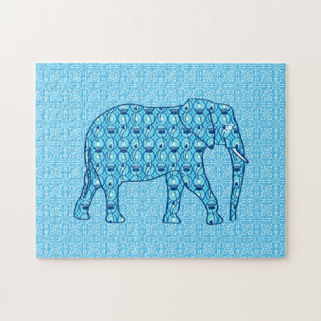 Puzzle Eléphant à fleurs de Lotus, Turquoise et Blanc (Horizontal)