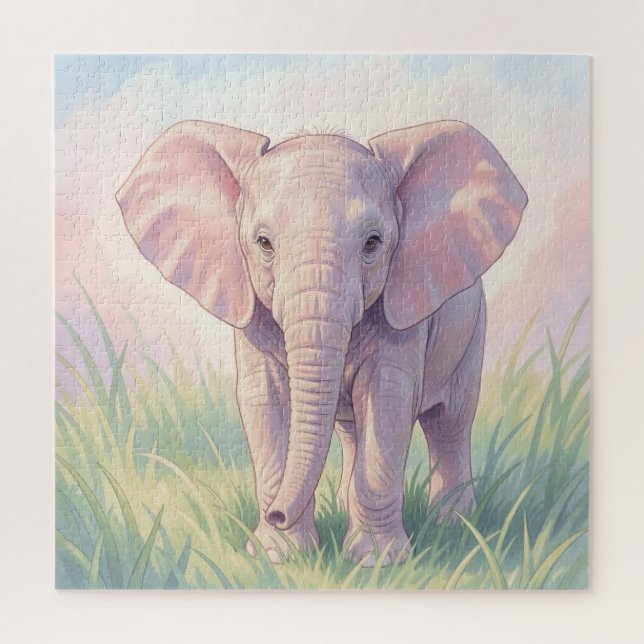 Puzzle Éléphant de bébé mignon Prairie pastel (Vertical)