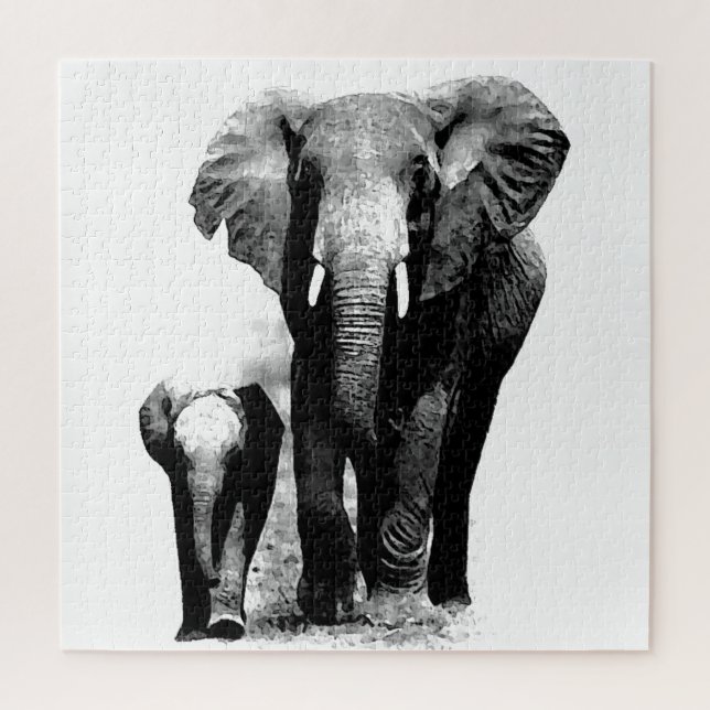 Puzzle Eléphant et bébé noir et blanc - Animaux Art (Vertical)
