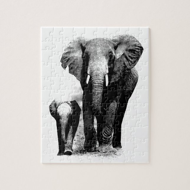 Puzzle Eléphant et bébé noir et blanc - Animaux Art (Vertical)