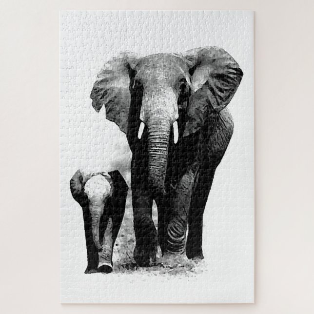 Puzzle Eléphant et bébé noir et blanc - Animaux Art (Vertical)