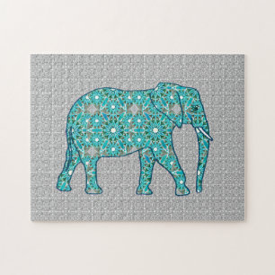 Puzzle Eléphant fleur Mandala, turquoise, gris & blanc