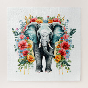 Puzzle Eléphant floral coloré