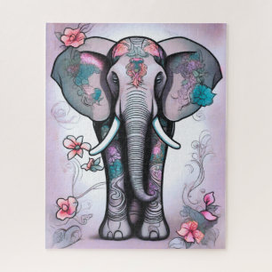 Puzzle Éléphant indien gris orné de fleurs