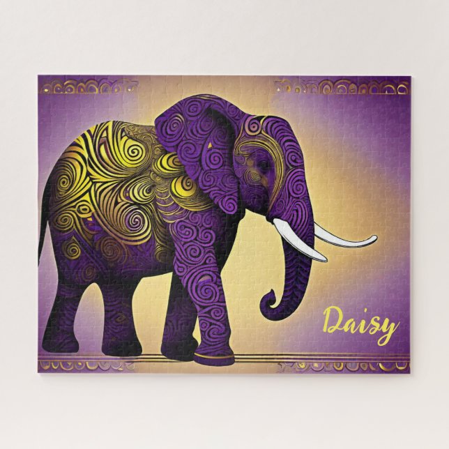 Puzzle Eléphant mauve majestueux avec perruques d'or (Horizontal)