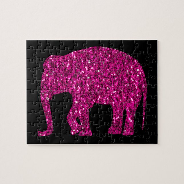 Puzzle Éléphant rose chaud brillant faux scintillements (Horizontal)