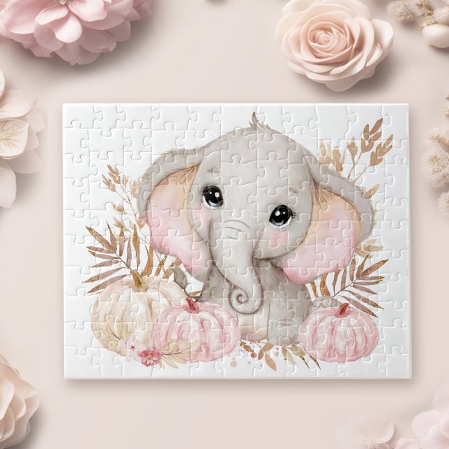 Puzzle Eléphant Rose Chaud Et Citrouille (Cute Fall Pink Elephant And Pumpkins Jigsaw Puzzle)