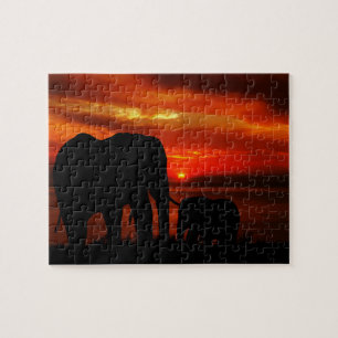 Puzzle Eléphants au coucher du soleil