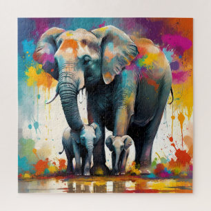 Puzzle Eléphants De La Mère Et Du Bébé Couleur Splash,