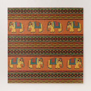 Puzzle Eléphants Indiens, Orange Traditionnel Sans Seamle