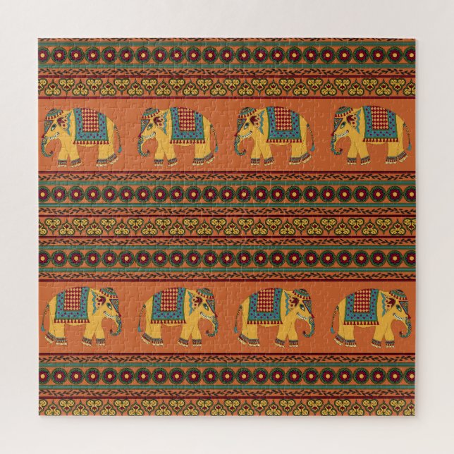 Puzzle Eléphants Indiens, Orange Traditionnel Sans Seamle (Vertical)