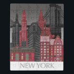 Puzzle Élévations de New York par nuit - Rouge<br><div class="desc">"New York Elevations by Night Red" par Fab Funky. Vous pourrez admirer des points de repère populaires de New York la nuit dans des tons rouges et gris.</div>