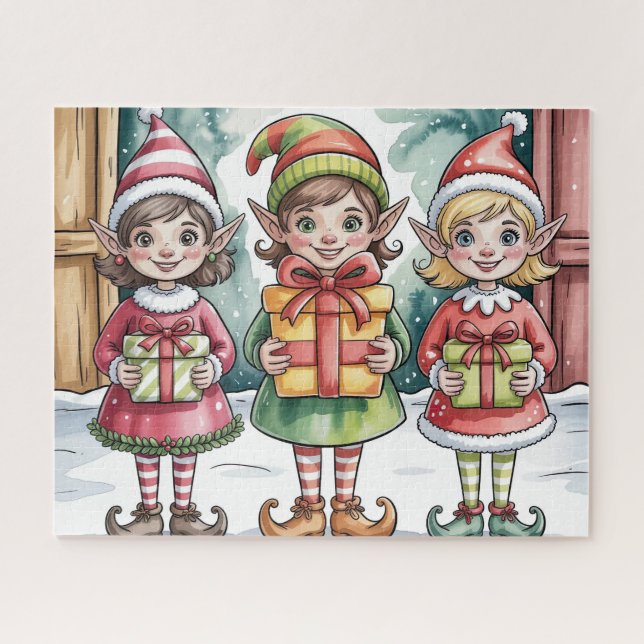 Puzzle Elfe de Noël mignon avec des cadeaux (Horizontal)