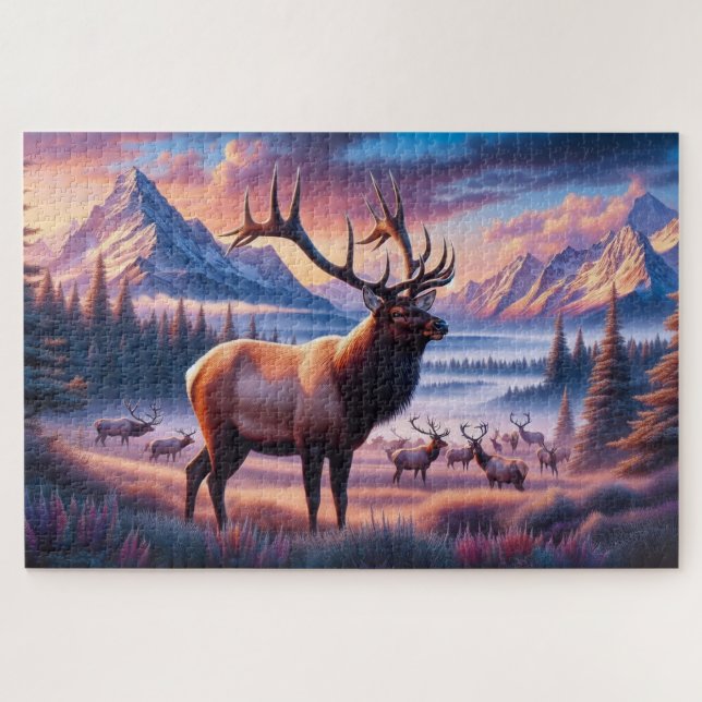 Puzzle Elk au lever du soleil, Montagnes, Faune (Horizontal)