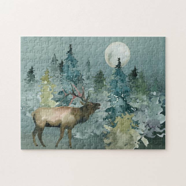 Puzzle Elk Majestic en Pleine lune forestière Aquarelle (Horizontal)