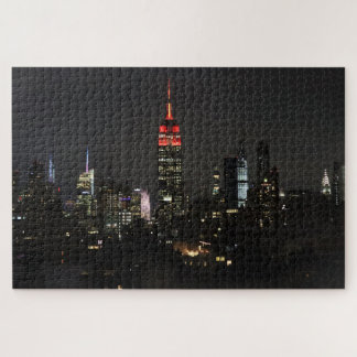 Puzzle Empire State Building in Red Night Skyline