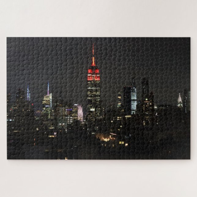 Puzzle Empire State Building in Red Night Skyline (Horizontal)
