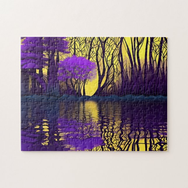 Puzzle Enchanter la forêt violette au bord du lac (Horizontal)