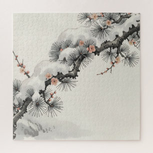 Puzzle Encre Japonaise Pin Prunier Fleurissant en Hiver 