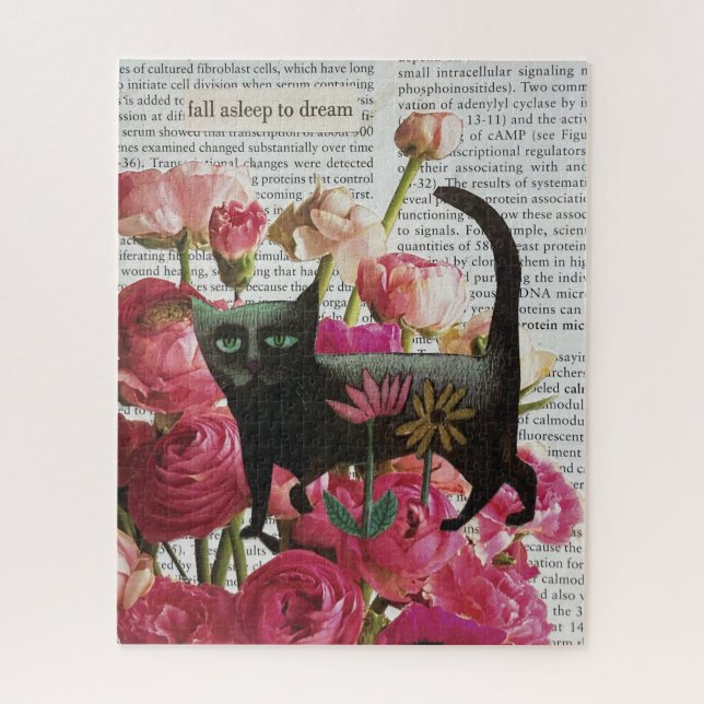 Puzzle Endormez-vous pour rêver Chat noir Fleurs roses ch (Vertical)