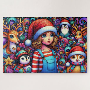 Puzzle Enfant Fantaisiste et Animaux de Noël 