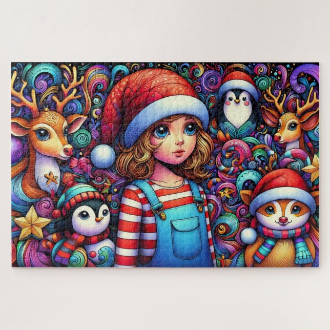Puzzle Enfant Fantaisiste et Animaux de Noël  (Horizontal)
